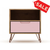 Manhattan Comfort 101GMC6 Rockefeller 1.0 Mid-Century- Modern Nightstand with 1-Drawer in Nature and Rose Pink